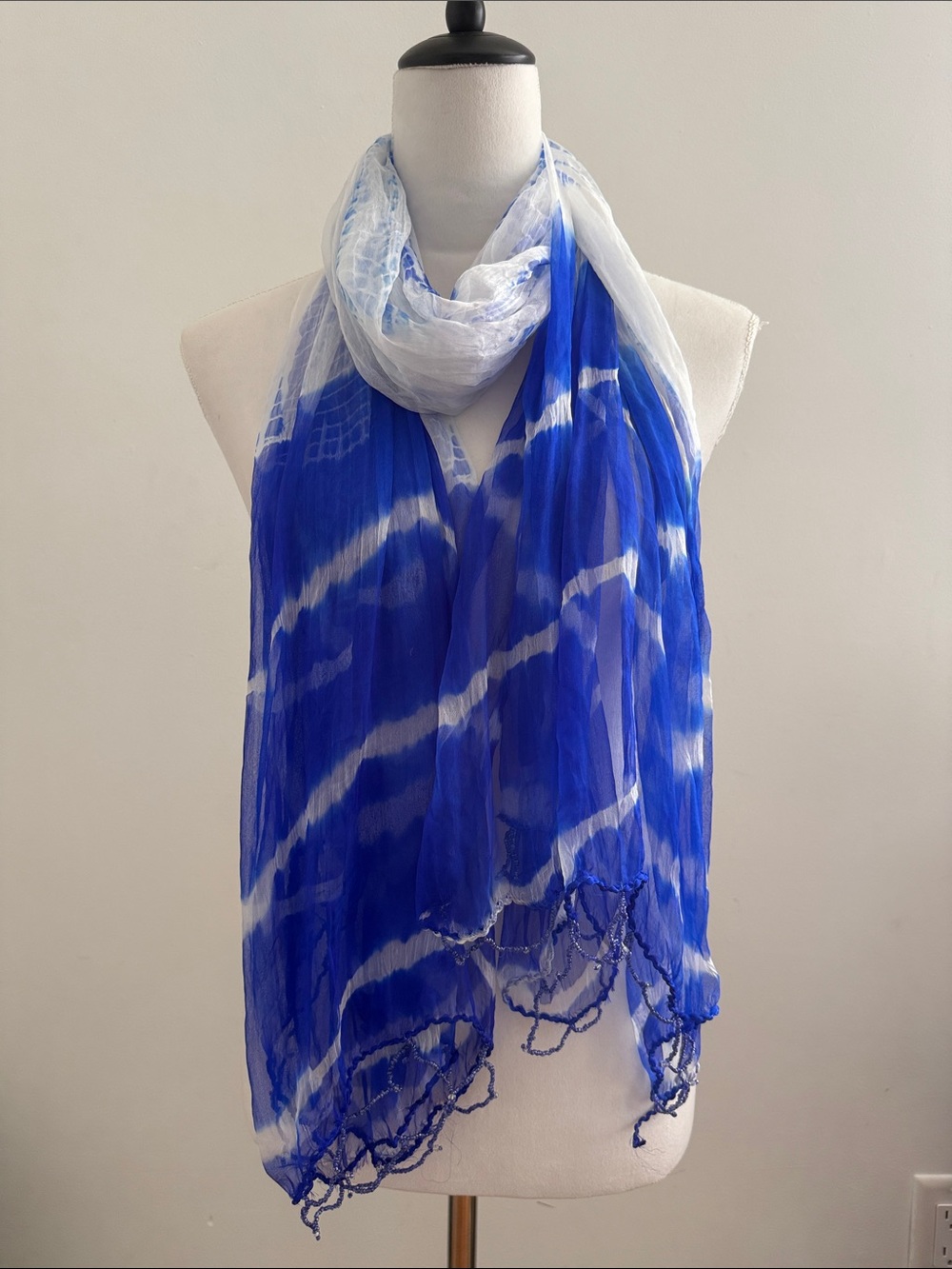 Blue and White Tie-Dye Silk Sheer Scarf - Made in India 🇮🇳